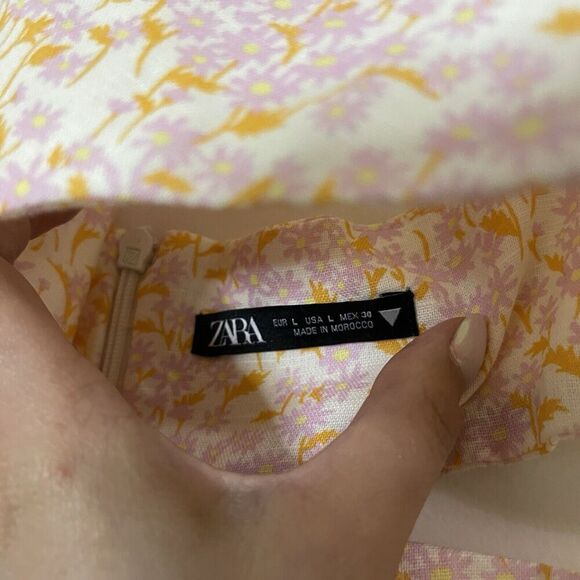 Zara Orange Multi floral side cutout mini tank shift Linen dress size US Large - Picture 6 of 7